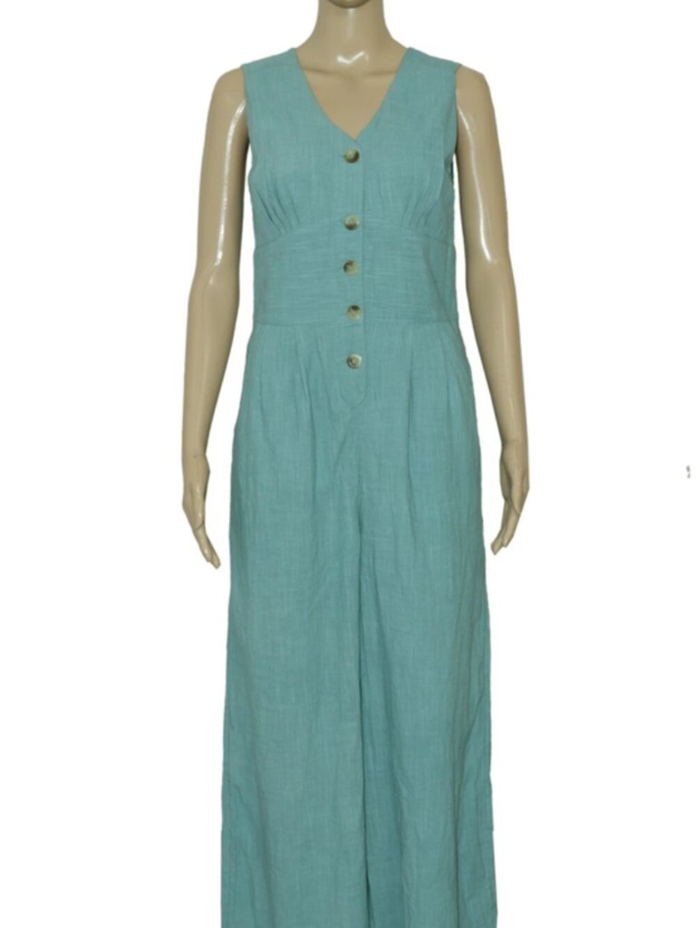Old Khaki Button Detail Pleated Sleeveless Wide Leg Cotton Jumpsuit Blue M 10